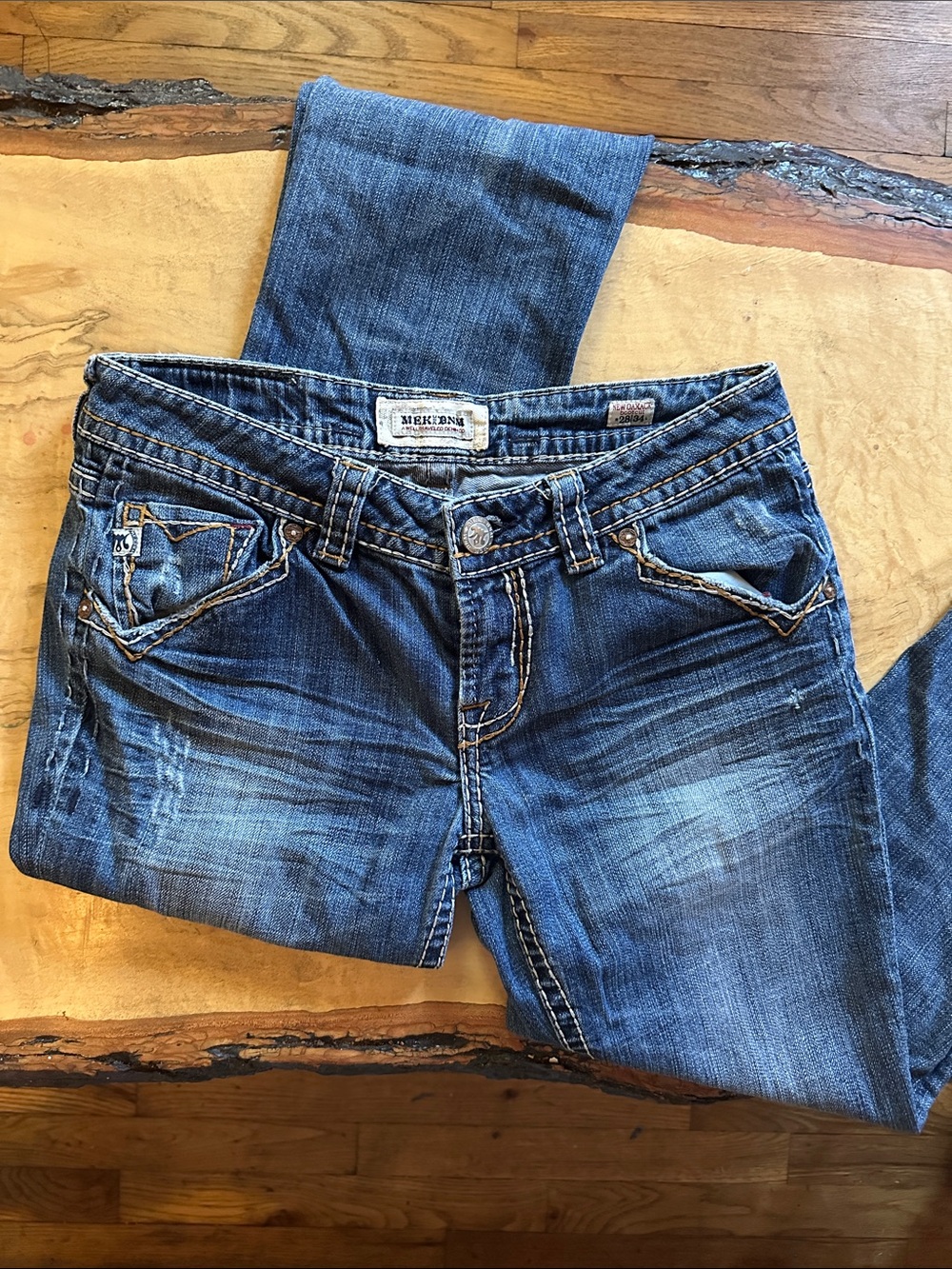 MEK Denim Low Rise Slim Blue Jeans with Contrast Stitching